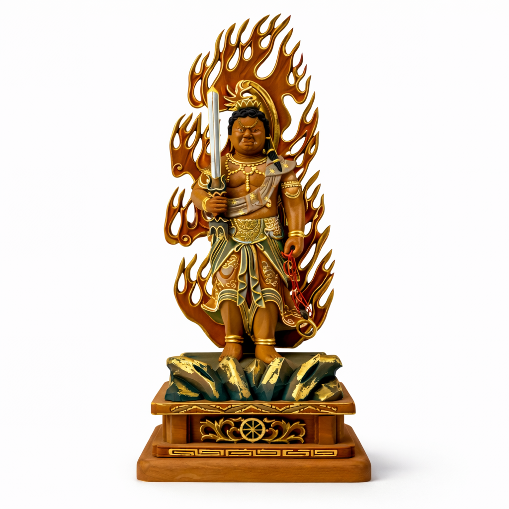 不動明王 総柘植製上彫彩色入