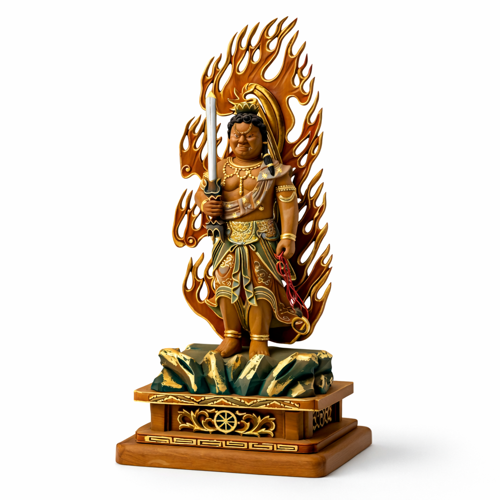 不動明王 総柘植製上彫彩色入